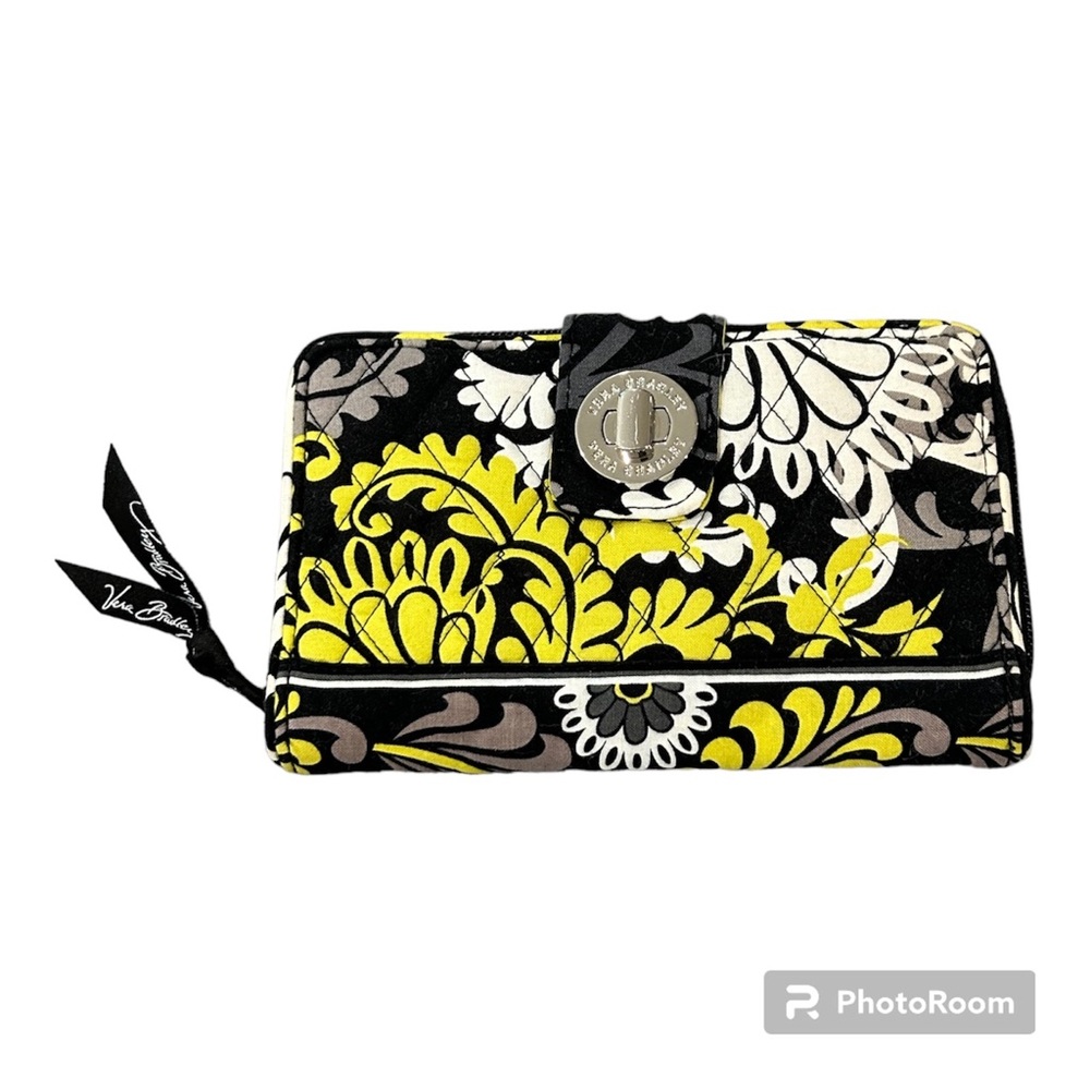 Vera Bradley Baroque Turn Lock Zip Around Wallet Clutch Floral Yellow Black
